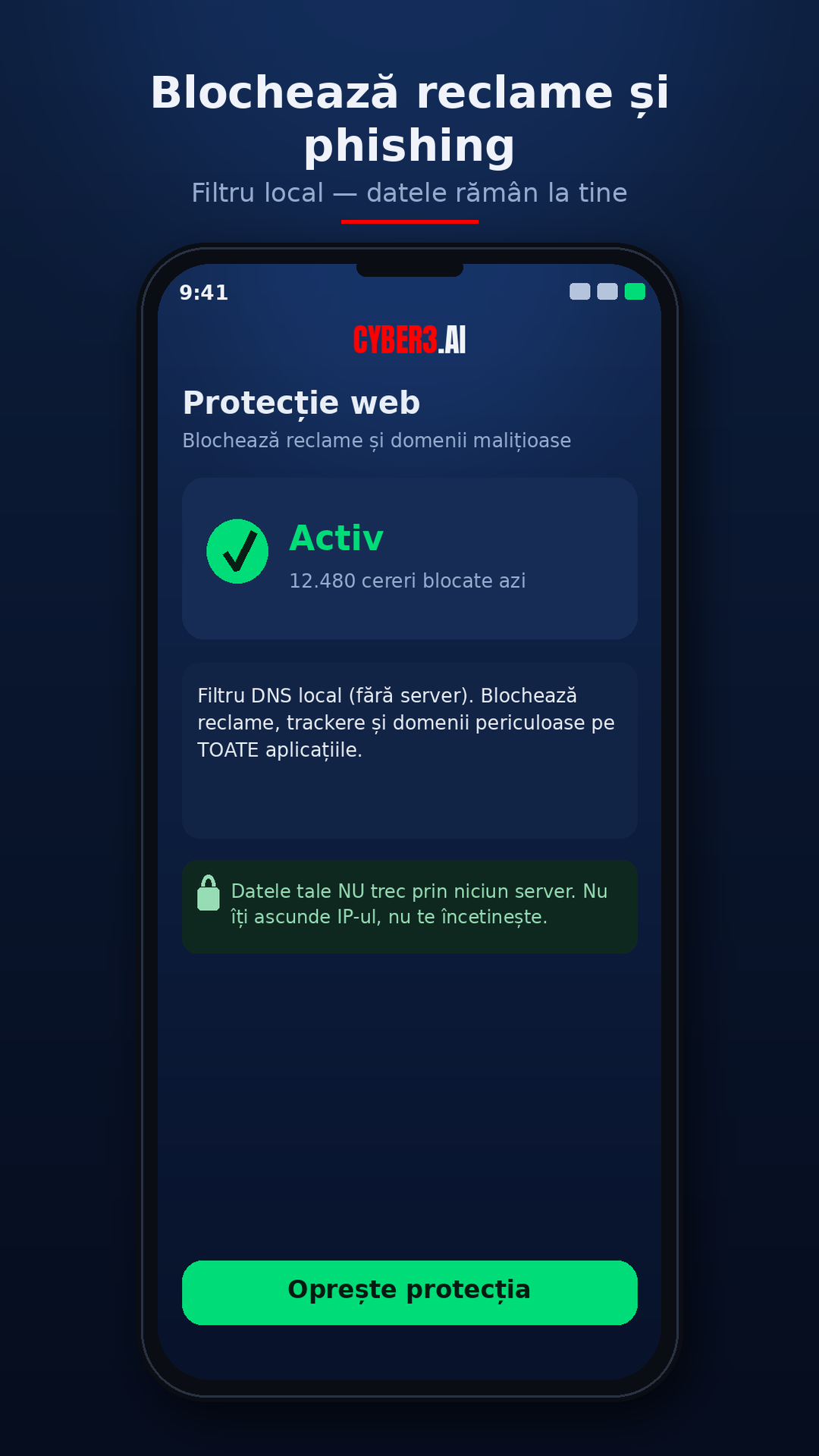 CYBER3 — Scanare telefon, VPN și navigare mai sigură pe Android
